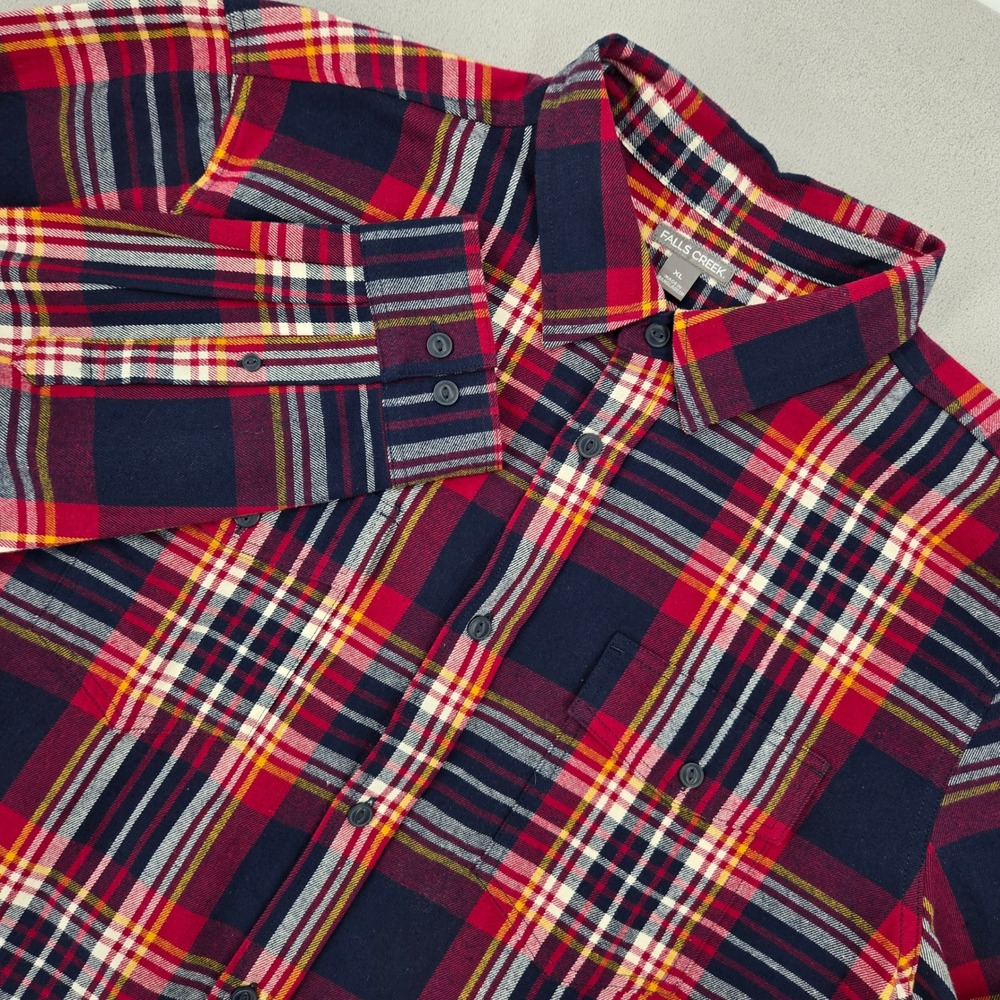 Falls Creek Mens XL Plaid Button Up Shirt‎ Thicker Red Navy Flannel Heavy Cotton
